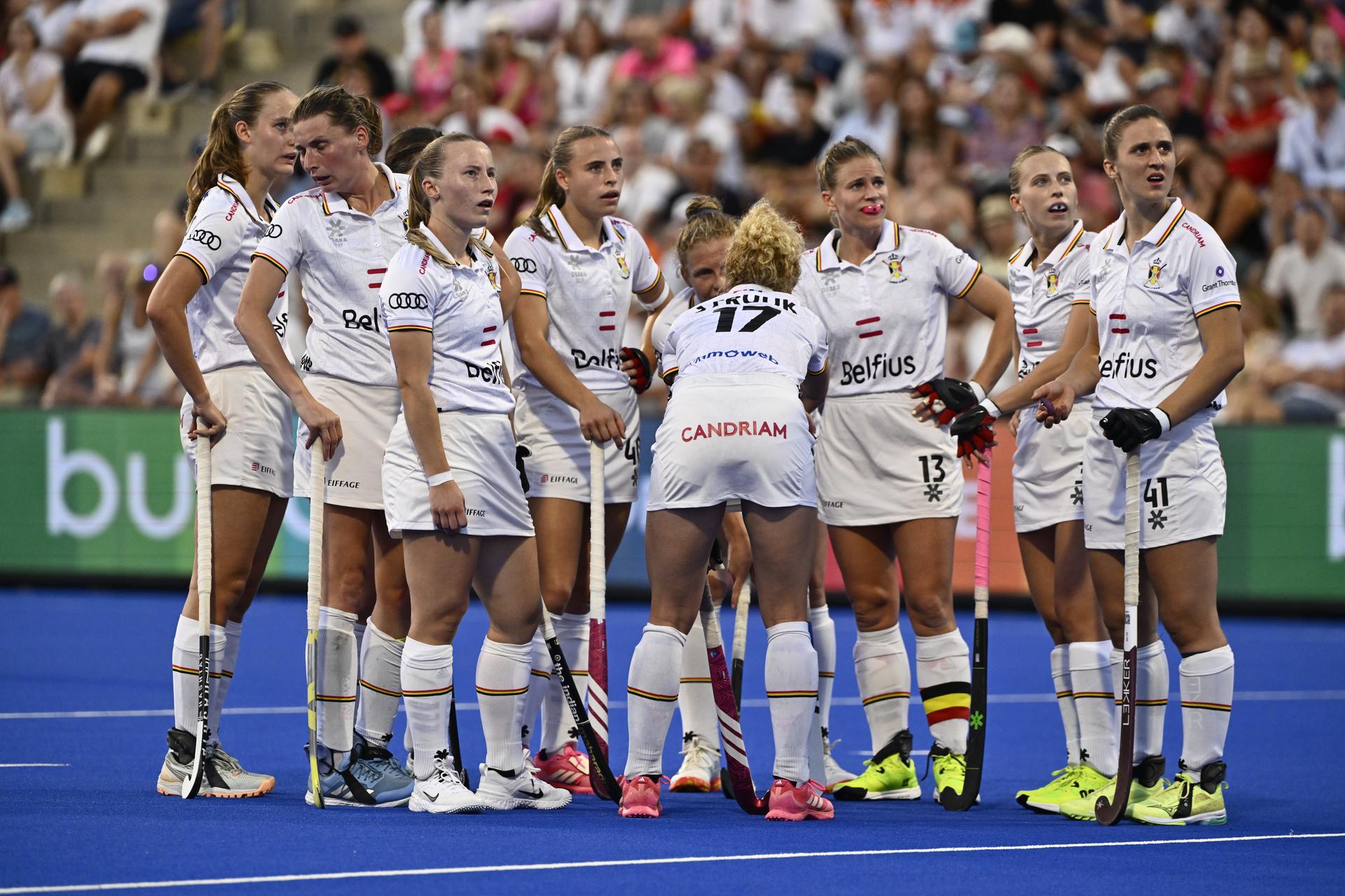 Red Panthers players pictured at a hockey game between Germany and the Belgian national team Red Panthers, the semi-finals of the 2025 women's European championships, Friday 15 August 2025 in Monchengladbach, Germany.  BELGA PHOTO ERIC LALMAND