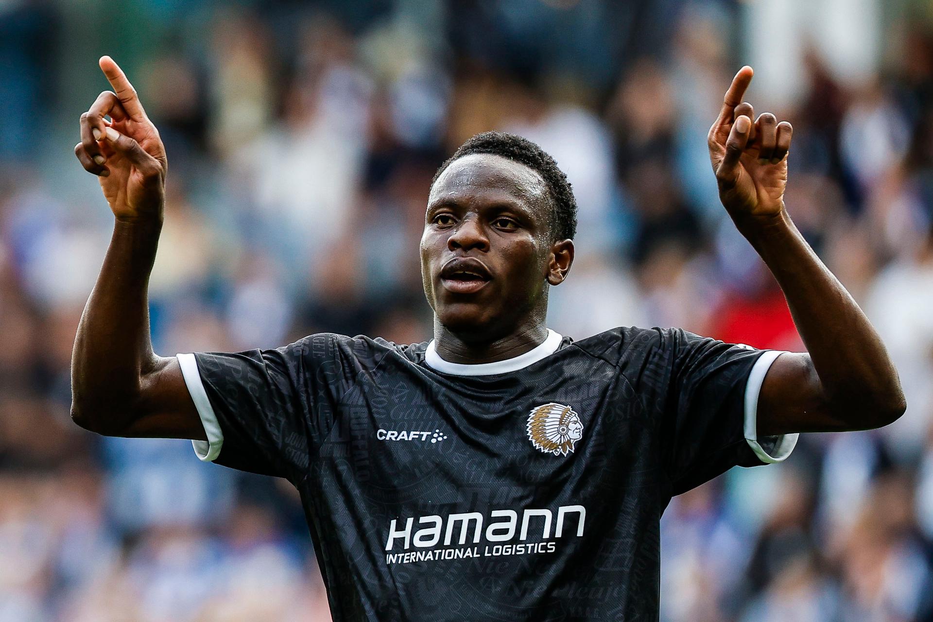 Gent's Hyllarion Goore celebrates after scoring during a game between Swedish IFK Goteborg and Belgian KAA Gent, in Goteborg, Sweden, on Thursday 6th August 2026, a first leg game in the third qualifying round of the UEFA Conference League competition. BELGA PHOTO NICKLAS ELMRIN - BENELUX ONLY
