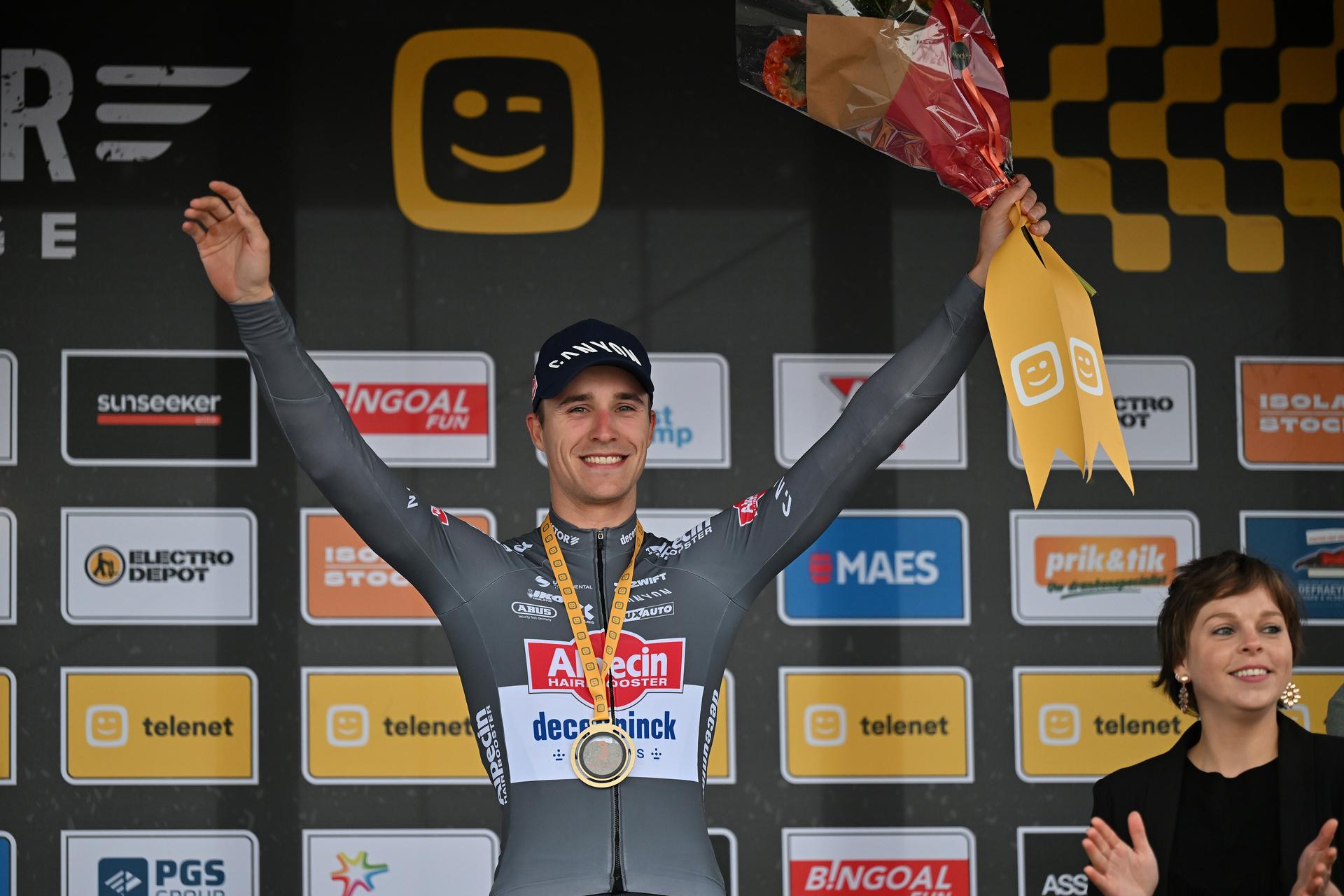 Belgian Niels Vandeputte pictured on the podium after the men elite race of the Cyclocross Ruddervoorde, Sunday 19 October 2025 in Ruddervoorde, stage 2 (out of 7) of the Superprestige cyclocross cycling competition. BELGA PHOTO LUC CLAESSEN