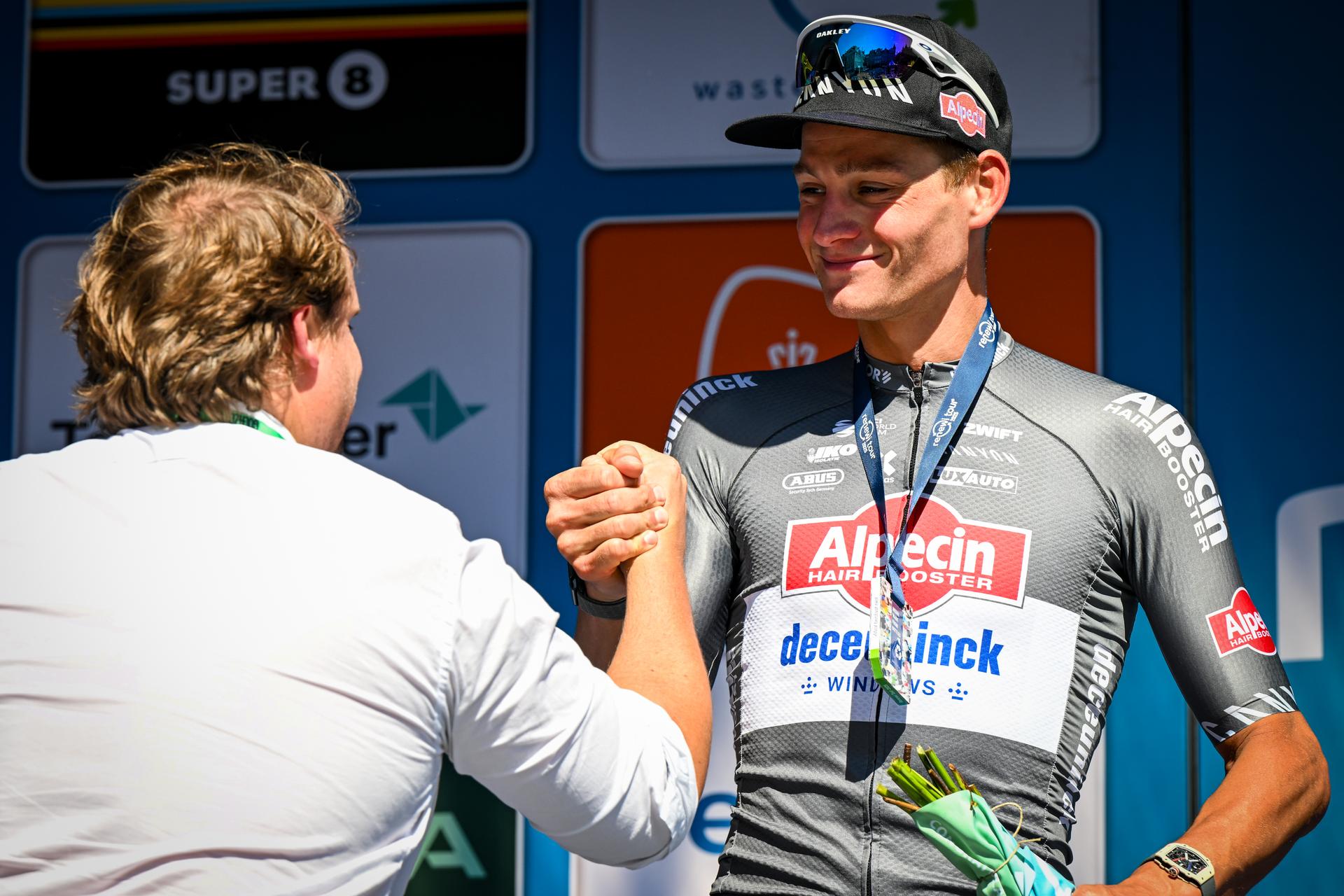 Dutch Mathieu van der Poel of Alpecin-Deceuninck pictured on the podium after the fifth and last stage of the 'Renewi Tour' multi-stage cycling race, 185km from and to Leuven on Sunday 24 August 2025. The five-day race takes place in Belgium and the Netherlands. BELGA PHOTO DAVID PINTENS