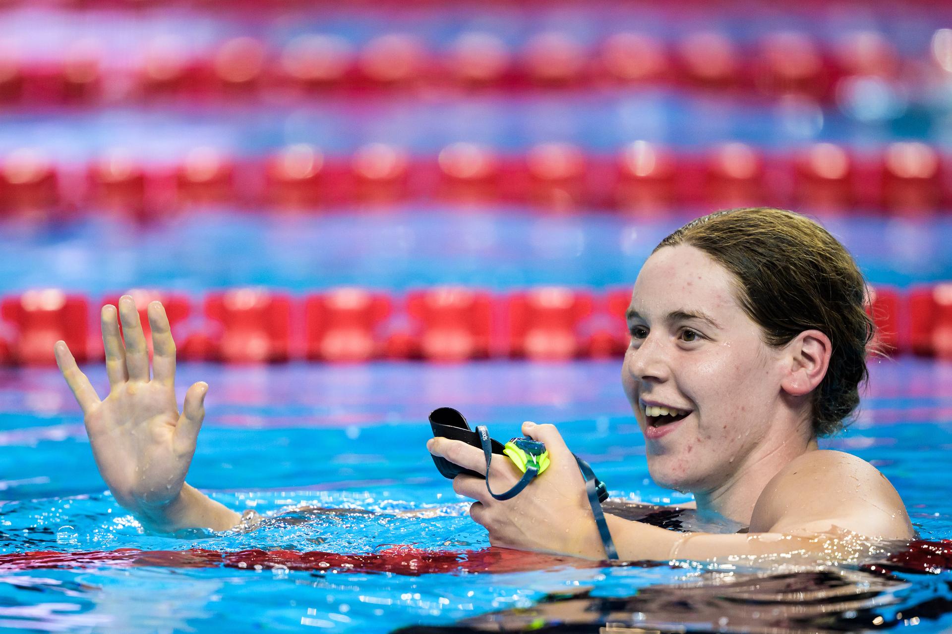 ATTENTION EDITORS - BENELUX ONLY - 250802 Roos Vanotterdijk of Belgium celebrates after finishing third in women's 50 meters butterfly swimming final during day 23 of the World Aquatics Championships on August 2, 2025 in Singapore.  Photo: Joel Marklund / BILDBYRÅN / kod JM / JM0715 bbeng simning swimming svømming sim-vm vm sim-vm 2025 world aquatics championships 2025 dam jubel
