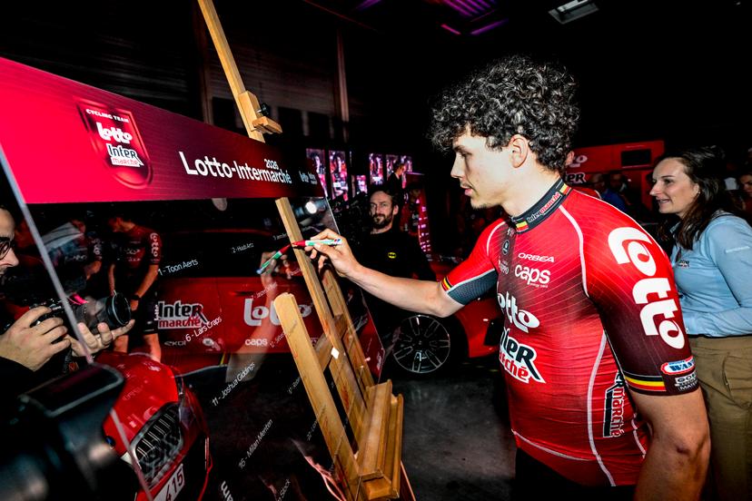 Belgian Arnaud De Lie of Lotto-Intermarche pictured during the team presentation of the Lotto-Intermarche cycling team, Monday 12 January 2026 in Temse. BELGA PHOTO DIRK WAEM