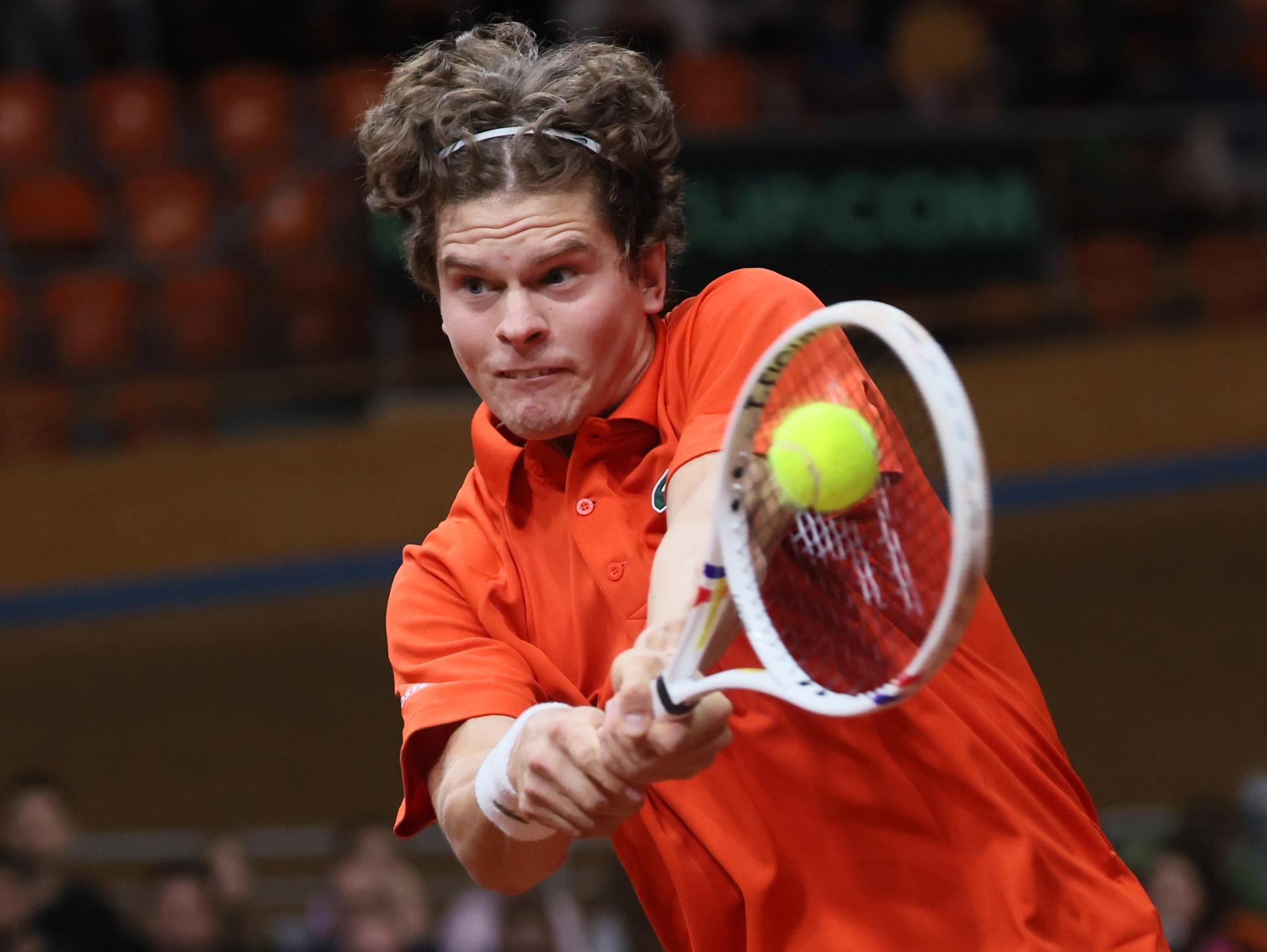 Belgian Alexander Blockx pictured in action during a tennis match against Bulgarian Radulov, during the qualifier of the Davis Cup on Saturday 07 February 2026, in Plovdiv, Bulgaria. Belgium will compete this weekend in the Davis Cup qualifiers against Bulgaria. BELGA PHOTO BENOIT DOPPAGNE