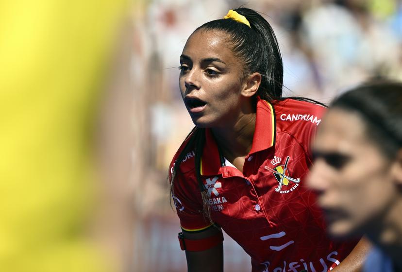 Belgium's Ambre Ballenghien pictured in action during a hockey game between Belgian national team Red Panthers and Spain, match 1/3 in the pool stage of the 2025 women's European championships, Sunday 10 August 2025 in Monchengladbach, Germany. BELGA PHOTO ERIC LALMAND