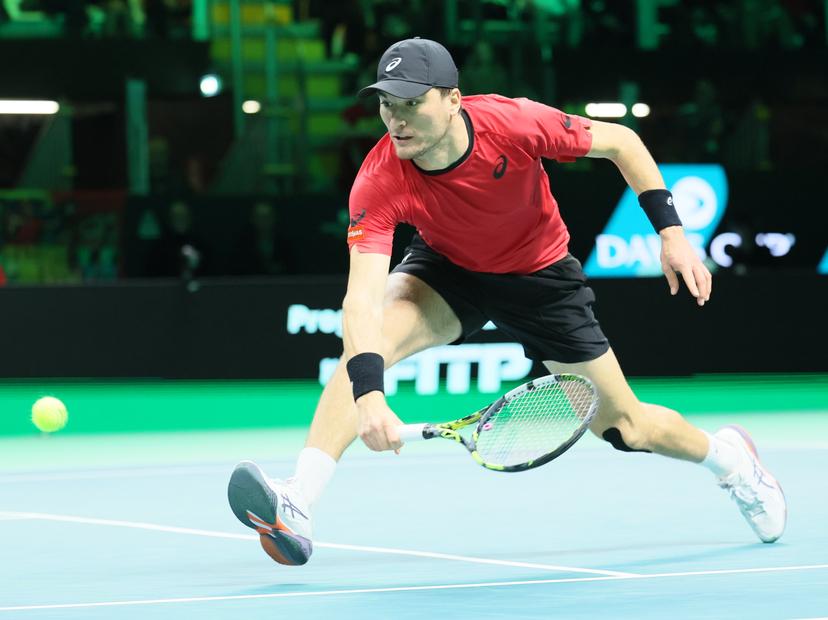 Belgian Raphael Collignon pictured in action during a tennis match against Italian Berrettini, the first in the Davis Cup semifinals between Belgium and Italy, in Bologna, Italy, on Friday 21 November 2025. The Davis Cup top eight Finals take place in Bologna from November 18 to 23. BELGA PHOTO BENOIT DOPPAGNE