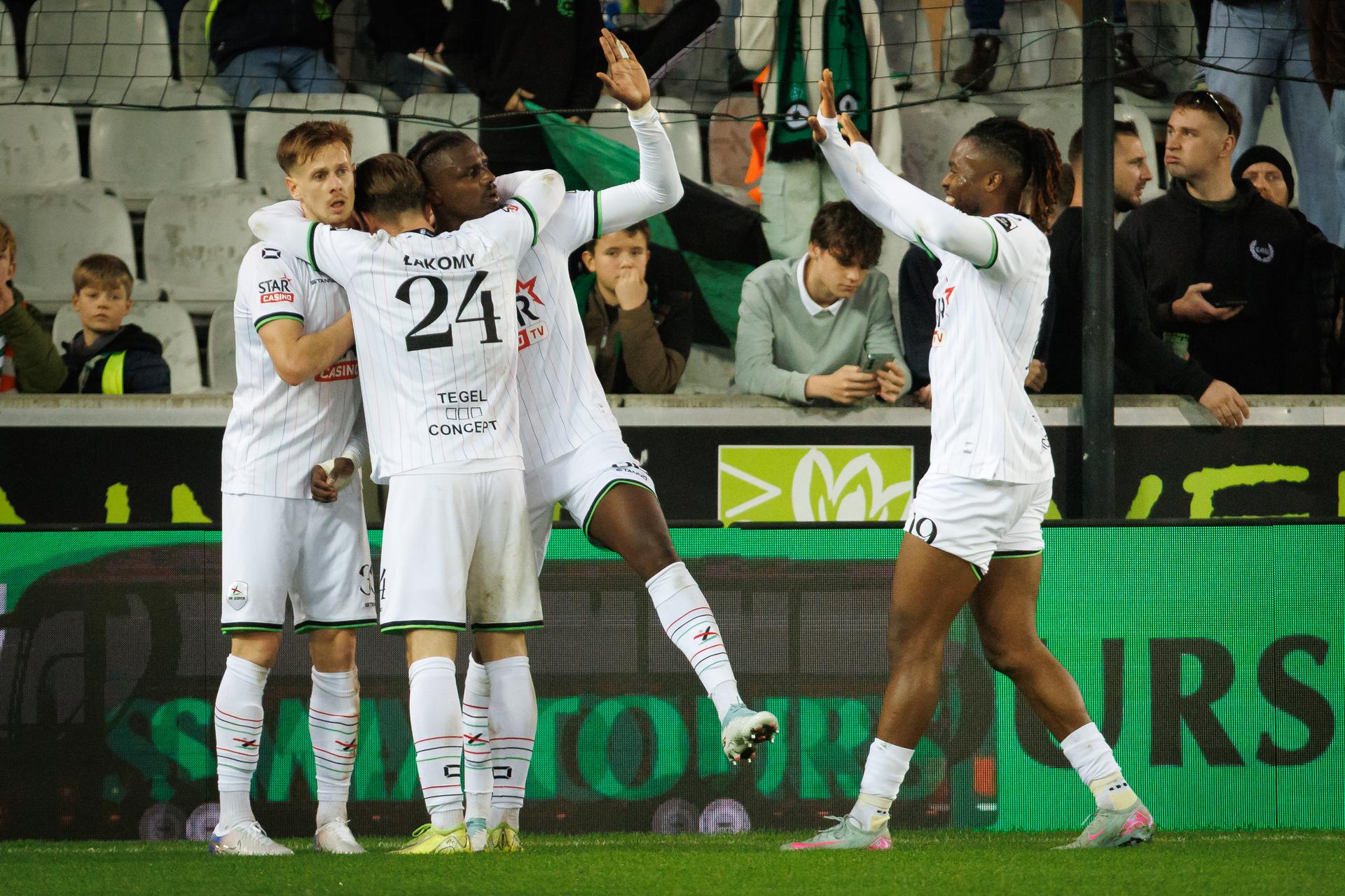 OHL's Sory Kaba celebrates after scoring during a soccer match between Cercle Brugge and Oud-Heverlee Leuven, Saturday 08 November 2025 in Brugge, on day 14 of the 2025-2026 'Jupiler Pro League' first division of the Belgian championship. BELGA PHOTO KURT DESPLENTER