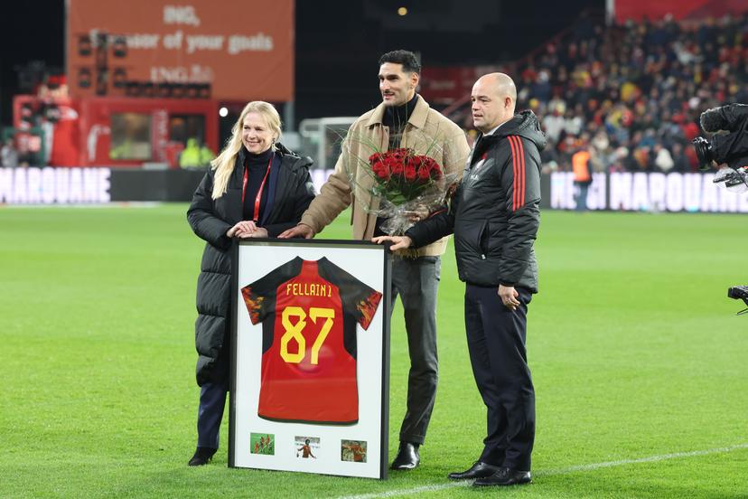 RBFA chairwoman Pascale Van Damme, Belgium's Marouane Fellaini and RBFA CEO Peter Willems pictured before a soccer game between Belgium's Red Devils and Liechtenstein, the last FIFA World Cup 2026 qualification match, in Liege on Tuesday 18 November 2025. BELGA PHOTO VIRGINIE LEFOUR