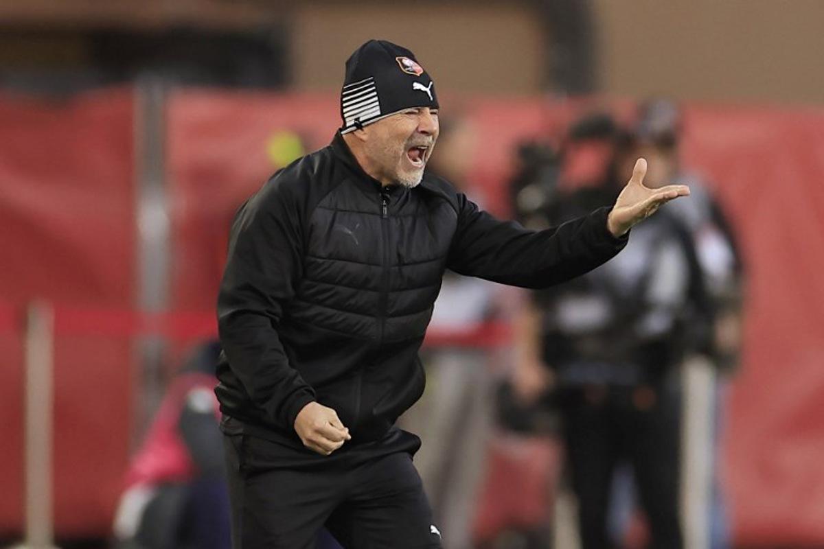 Rennes' Argentine head coach Jorge Sampaoli reacts in the technical area during the French L1 football match between AS Monaco and Stade Rennais FC (Rennes) at the Louis II Stadium (Stade Louis II) in the Principality of Monaco on January 25, 2025.  Valery HACHE / AFP