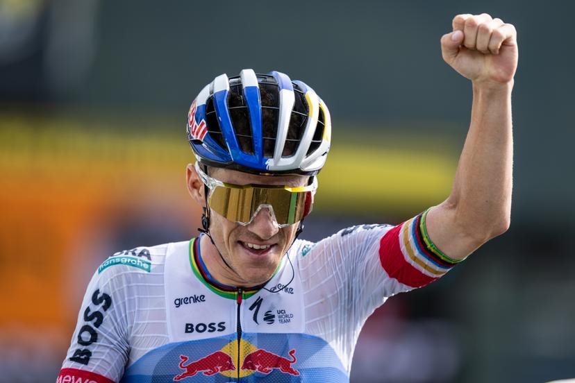 Belgian Remco Evenepoel of Red Bull-BORA-hansgrohe celebrates as he crosses the finish line to win stage 15 of the 2026 Tour de France cycling race, a stage of 184km from Champagnole to Plateau de Solaison, on Sunday 19 July 2026. The 113th edition of the Tour de France starts on Saturday 4 July in Barcelona, Spain, and will finish in Paris, France on the 26th of July. BELGA PHOTO DAVID PINTENS