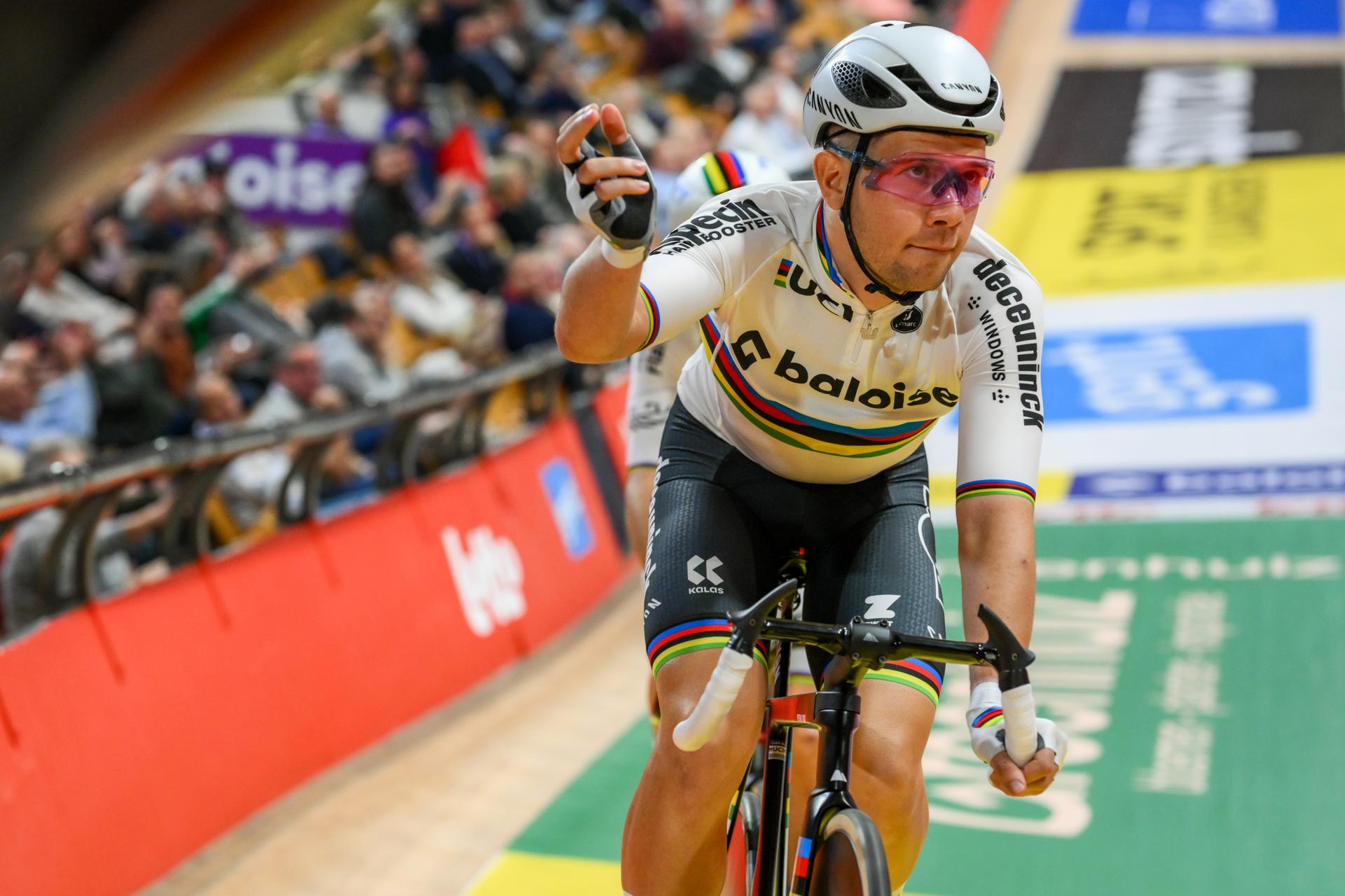 Belgian Fabio Van Den Bossche pictured in action during the first day of the Zesdaagse Vlaanderen-Gent six-day indoor track cycling event at the indoor cycling arena 't Kuipke, Tuesday 18 November 2025, in Gent. BELGA PHOTO DAVID PINTENS