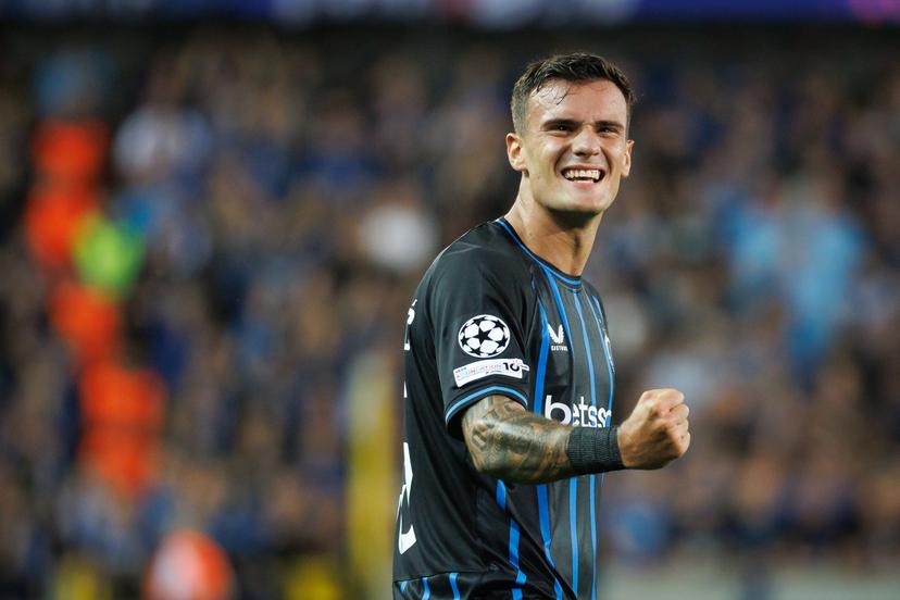 Club's Aleksandar Stankovic celebrates after scoring during a soccer game between Belgian Club Brugge KV and Scottish Glasgow Rangers F.C., Wednesday 27 August 2025 in Brugge, the return leg of the play-offs for the Champions League tournament. Club won the first leg 1-3. BELGA PHOTO KURT DESPLENTER