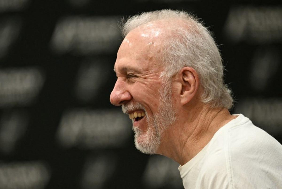 Head Coach and President of the San Antonio Spurs Gregg Popovich speaks during a media day ahead of the NBA season at the Victory Capital Performance Center in San Antonio, Texas, September 30, 2024.  Patrick T. Fallon / AFP
