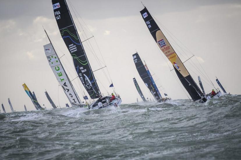Class40 class monohulls sailing boat take off at the start during the 17th edition of the Transat Cafe L'Or, off the shores of Le Havre, north western France on October 26, 2025. Four open classes will take part in the race: IMOCA, Ocean Fifty, ULTIM and Class40. The Transat Cafe L'Or is a duo sailing race from Le Havre to Fort-de-France, in the French Caribbean island of Martinique. Class 40 monohulls Loic VENANCE / AFP