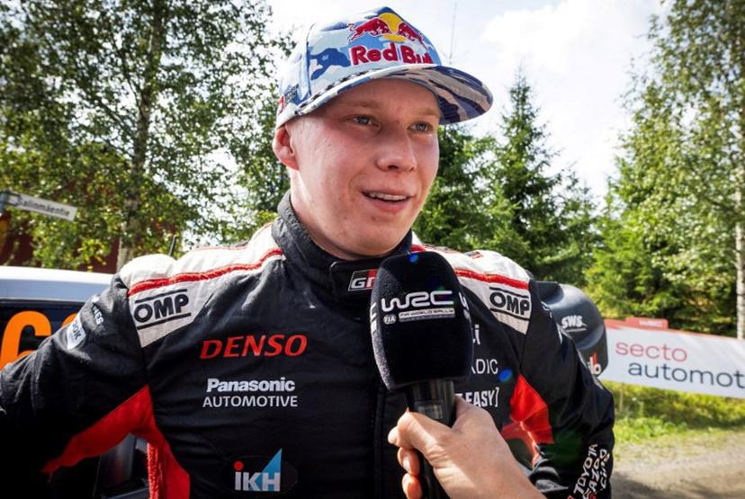 Finnish driver Kalle Rovanpera gives an interview after he and his co-driver won the WRC Rally Finland in Jyvaskyla, Finland on August 3, 2025.  Valtteri Vainio / Lehtikuva / AFP