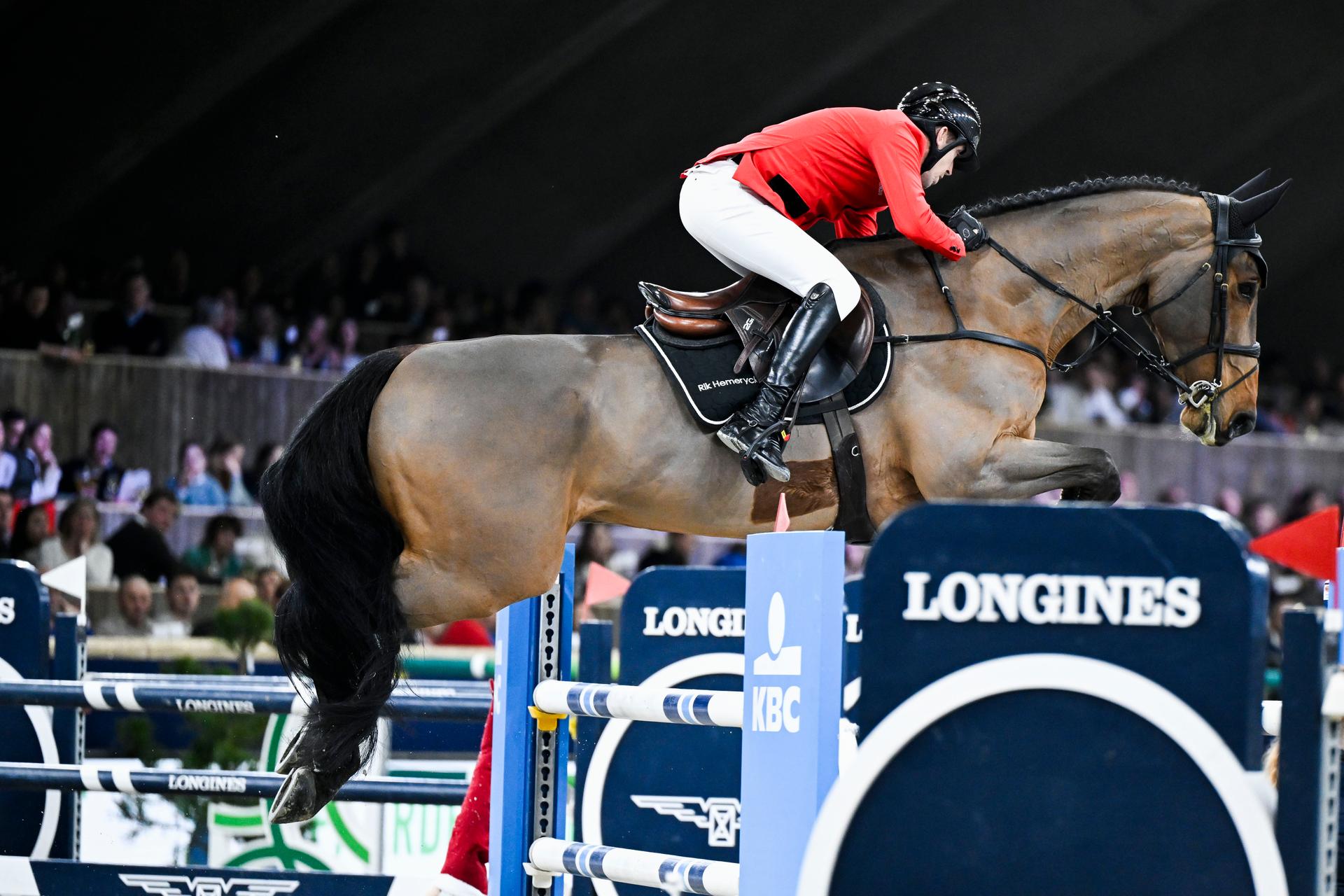 Belgian rider Rik Hemeryck with Inoui du Seigneur pictured in action during the FEI World Cup Jumping competition at the 'Vlaanderens Kerstjumping - Memorial Eric Wauters' equestrian event in Mechelen on Monday 30 December 2024. BELGA PHOTO TOM GOYVAERTS