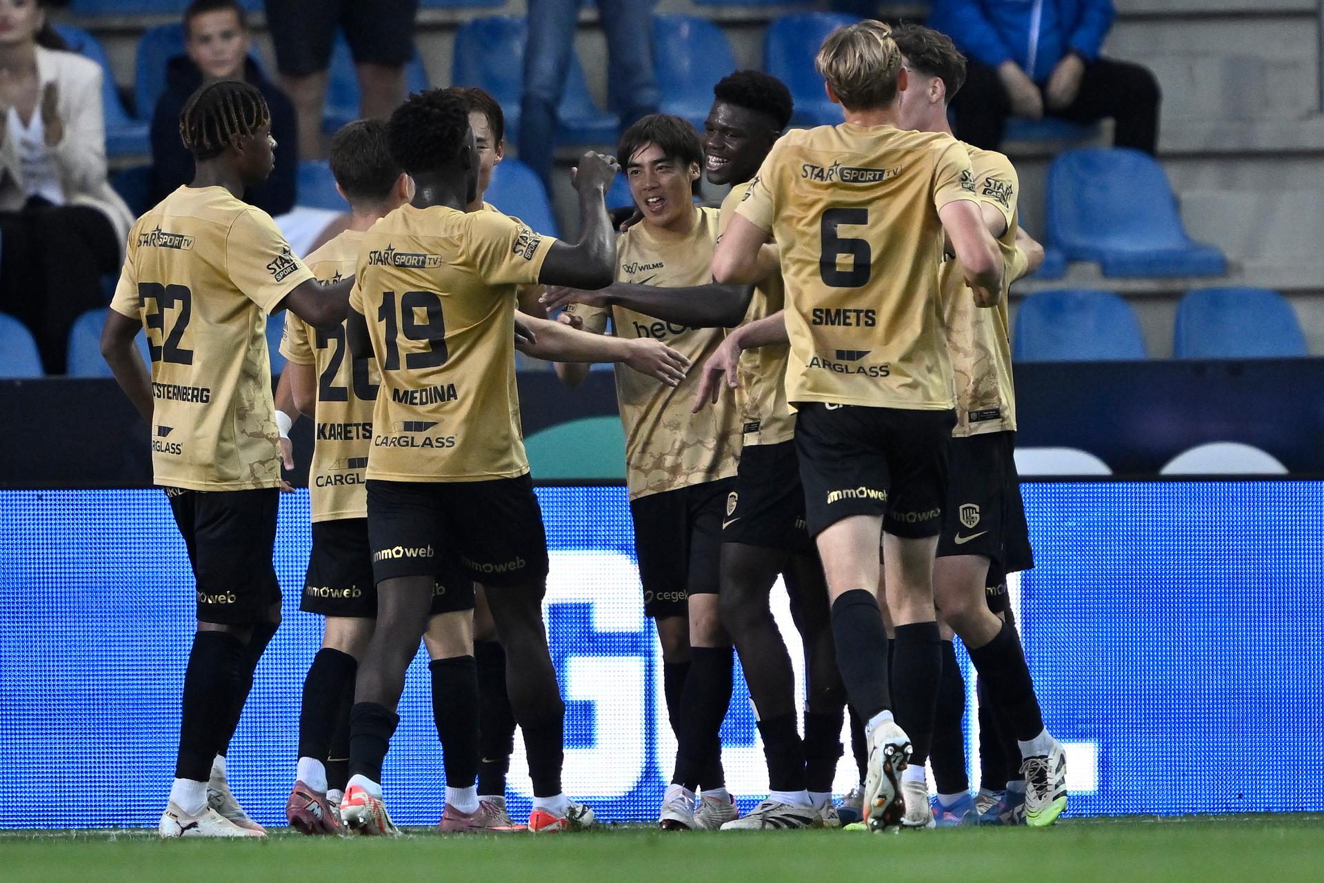 Genk's Junya Ito celebrates after scoring during a soccer match between Belgian soccer team KRC Genk and Polish team KKS Lech Poznan, in Genk on Thursday 28 August 2025, the return leg in the play-offs of the UEFA Europa League competition. Genk won the first leg 1-5. BELGA PHOTO JOHAN EYCKENS