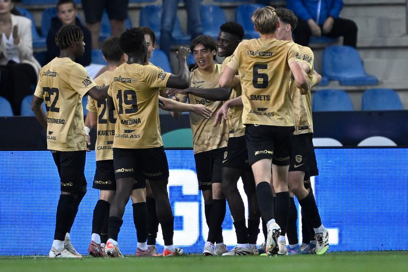 Genk's Junya Ito celebrates after scoring during a soccer match between Belgian soccer team KRC Genk and Polish team KKS Lech Poznan, in Genk on Thursday 28 August 2025, the return leg in the play-offs of the UEFA Europa League competition. Genk won the first leg 1-5. BELGA PHOTO JOHAN EYCKENS