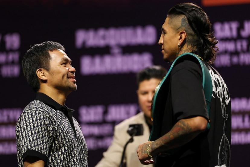 Filipino boxer Manny Pacquiao (L) and Mexican-US boxer Mario Barrios face off during the press conference ahead of their July 19 WBC welterweight title fight at the NOVO at L.A. Live in Los Angeles on June 3, 2025. Manny Pacquiao on June 3 shrugged off concerns about his decision to return to boxing at the age of 46 as he prepares for next month's world welterweight title comeback against Mario Barrios. The charismatic Filipino boxing icon stunned the sports world last month after announcing he would take on World Boxing Council (WBC) champion Barrios on July 19 in Las Vegas, four years after his last fight ended in a disappointing defeat.  Patrick T. Fallon / AFP
