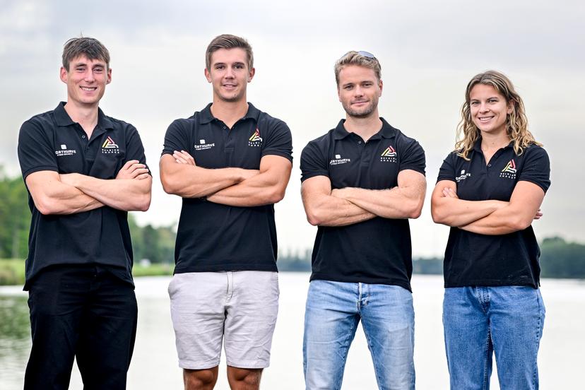 Belgian athlete Aaron Andries , Belgian athlete Tristan Vandenbussche , Belgian athlete Marlon Colpaert , Belgian athlete Mazarine Guilbert and pose for a photoshoot organized by the 'Vlaamse Roeiliga' Flemish rowing federation, Tuesday 09 September 2025 in Willebroek, to present the athletes and new coaching staff that will take part to the World Championships in Shanghai (September 21-28). BELGA PHOTO DIRK WAEM