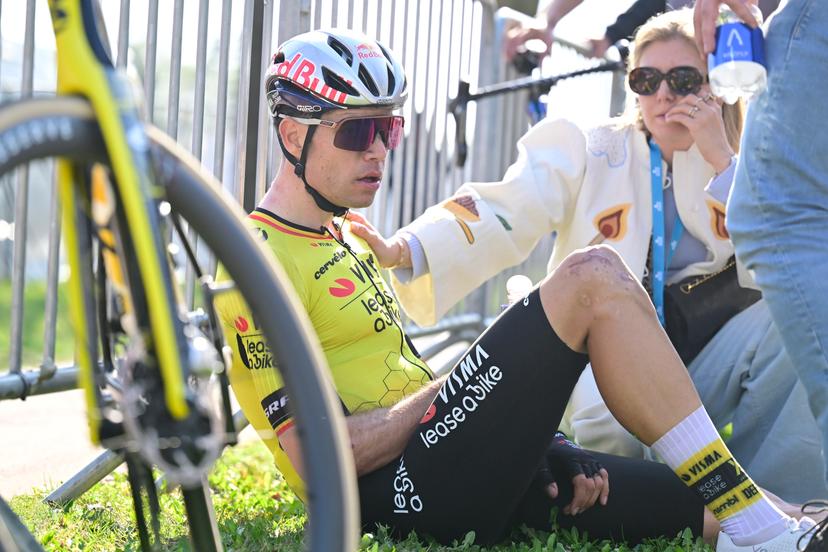 Belgian Wout van Aert of Team Visma-Lease a Bike reacts after the men elite race of the 'Dwars Door Vlaanderen' cycling event, 184,2km from Roeselare to Waregem, Wednesday 02 April 2025. BELGA PHOTO DIRK WAEM