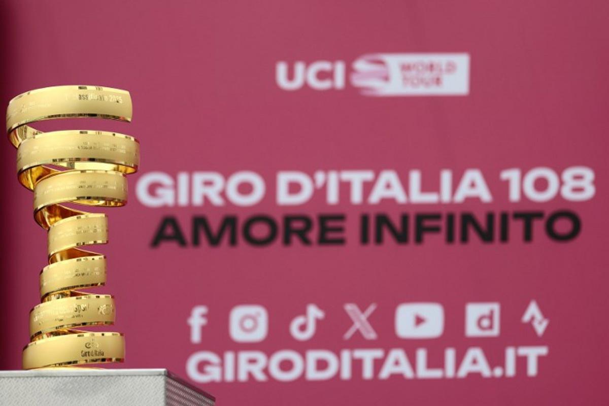 This photograph shows the Giro d'Italia trophy ("trofeo senza fine") displayed prior to the first stage of the 108th Giro d'Italia cycling race, 160km from Durres to Tirana in Albania, on May 9, 2025.  Luca Bettini / AFP