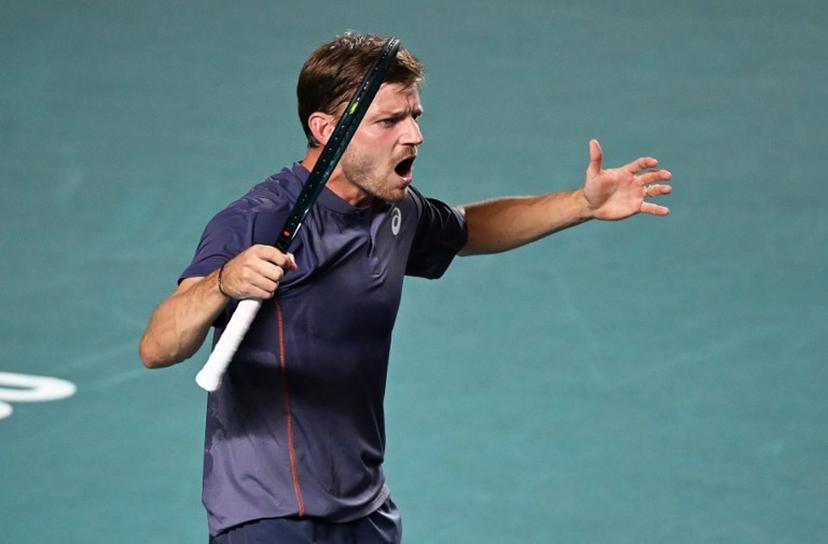 Belgium's David Goffin reacts after missing a shot against USA's Ben Shelton during their 2025 Mexico ATP Open 500 men´s singles tennis match at the Arena GNP Seguros in Acapulco, Guerrero State, Mexico on February 26, 2025.  CARL DE SOUZA / AFP
