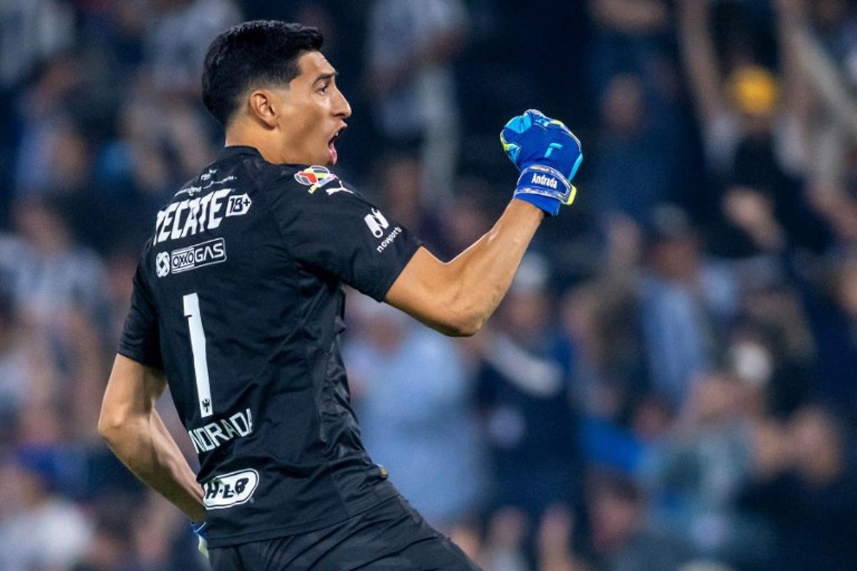 Monterrey's goalkeeper Esteban Andrada celebrates after his team scored a goal during the quarter final football match of the Mexican Apertura 2023 tournament between Monterrey and San Luis at BBVA Bancomer Stadium in Monterrey, Mexico, on December 2, 2023.  Julio Cesar AGUILAR / AFP