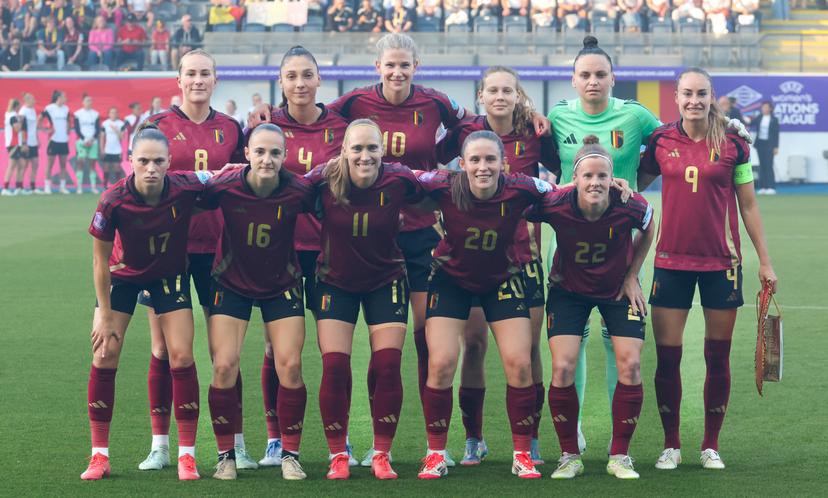Red Flames players pictured at the start of a soccer game between the national teams of Belgium (Red Flames) and Spain, on the fifth matchday in group A3 of the 2024-25 Women's Nations League competition, on Friday 30 May 2025 in Heverlee, Leuven. BELGA PHOTO VIRGINIE LEFOUR