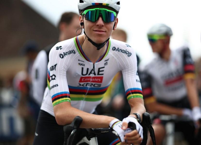 UAE Team Emirates' Slovenian rider Tadej Pogacar reacts prior to the start of the 1st stage of the 77th edition of the Criterium du Dauphine cycling race, 195,8 km between Domérat and Montlucon, on June 8, 2025.  Anne-Christine POUJOULAT / AFP