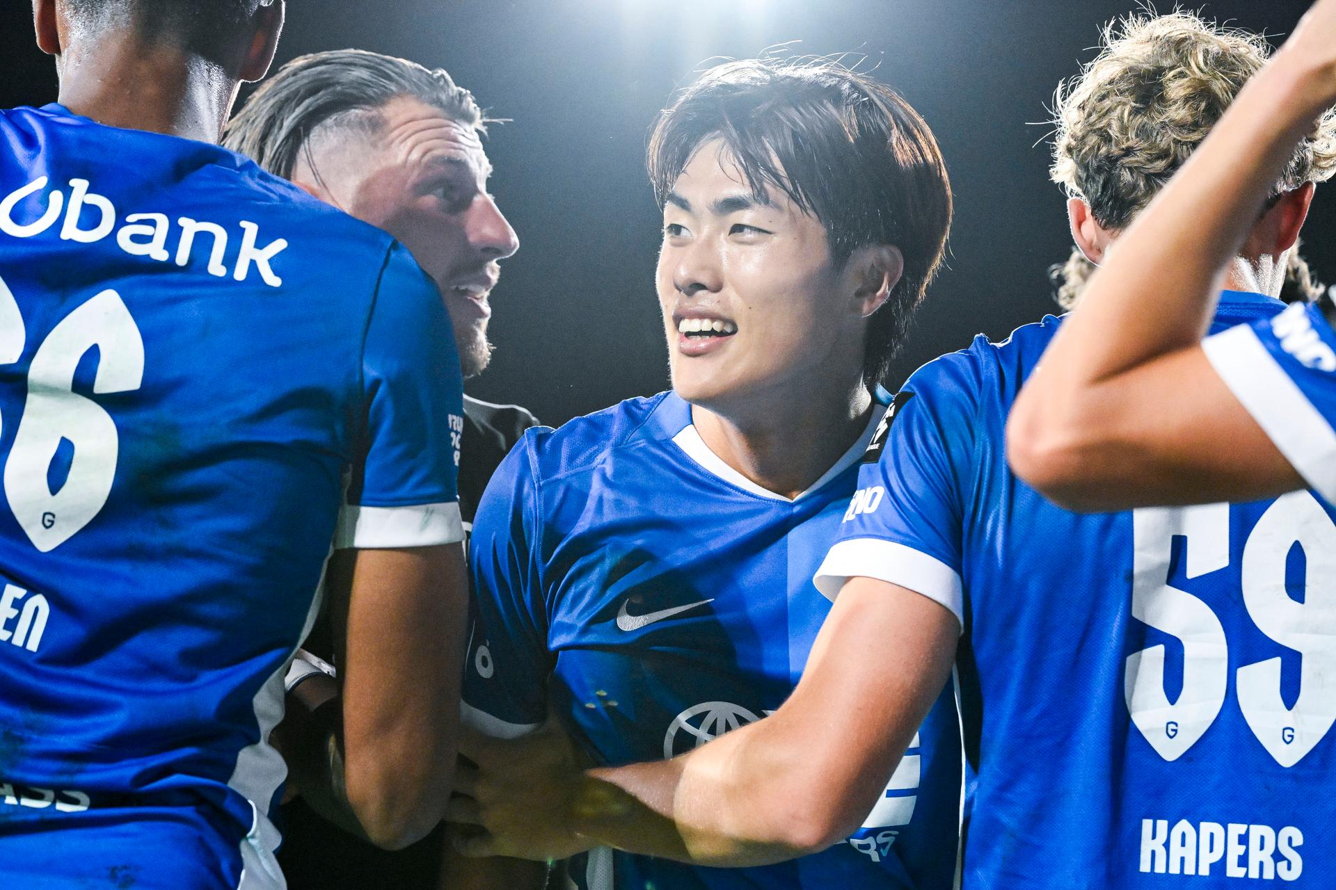 Jong Genk's Myeongjun Kim celebrates after scoring during a soccer match between KSC Lokeren and Jong Genk, Friday 28 August 2026 in Lokeren, on day 3 of the 2026-2027 'Challenger Pro League' 1B second division of the Belgian championship. BELGA PHOTO TOM GOYVAERT