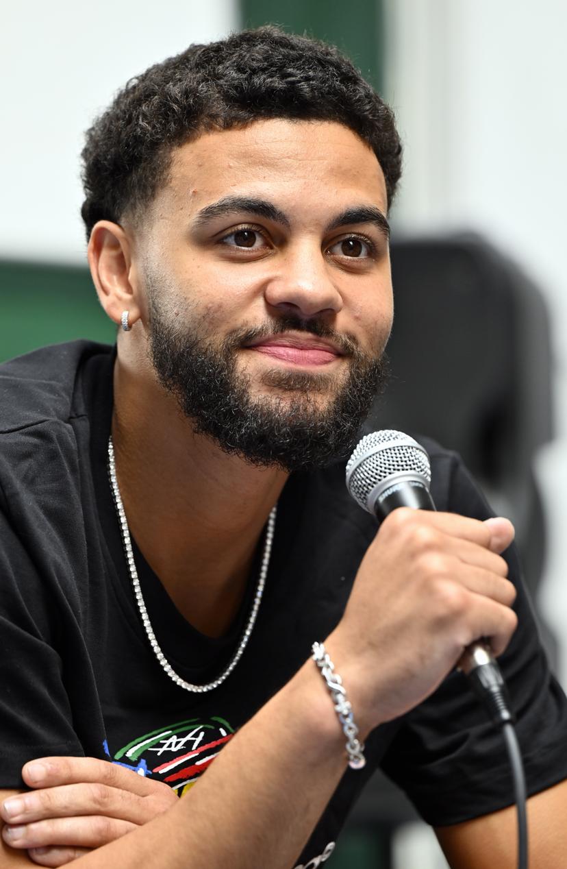 Ajay Mitchell pictured during a press conference regarding the NBA US basketball competition on Wednesday 30 July 2025 in Ans. Oklahoma City Thunder, featuring Belgian point guard Mitchell, won the league. BELGA PHOTO ERIC LALMAND