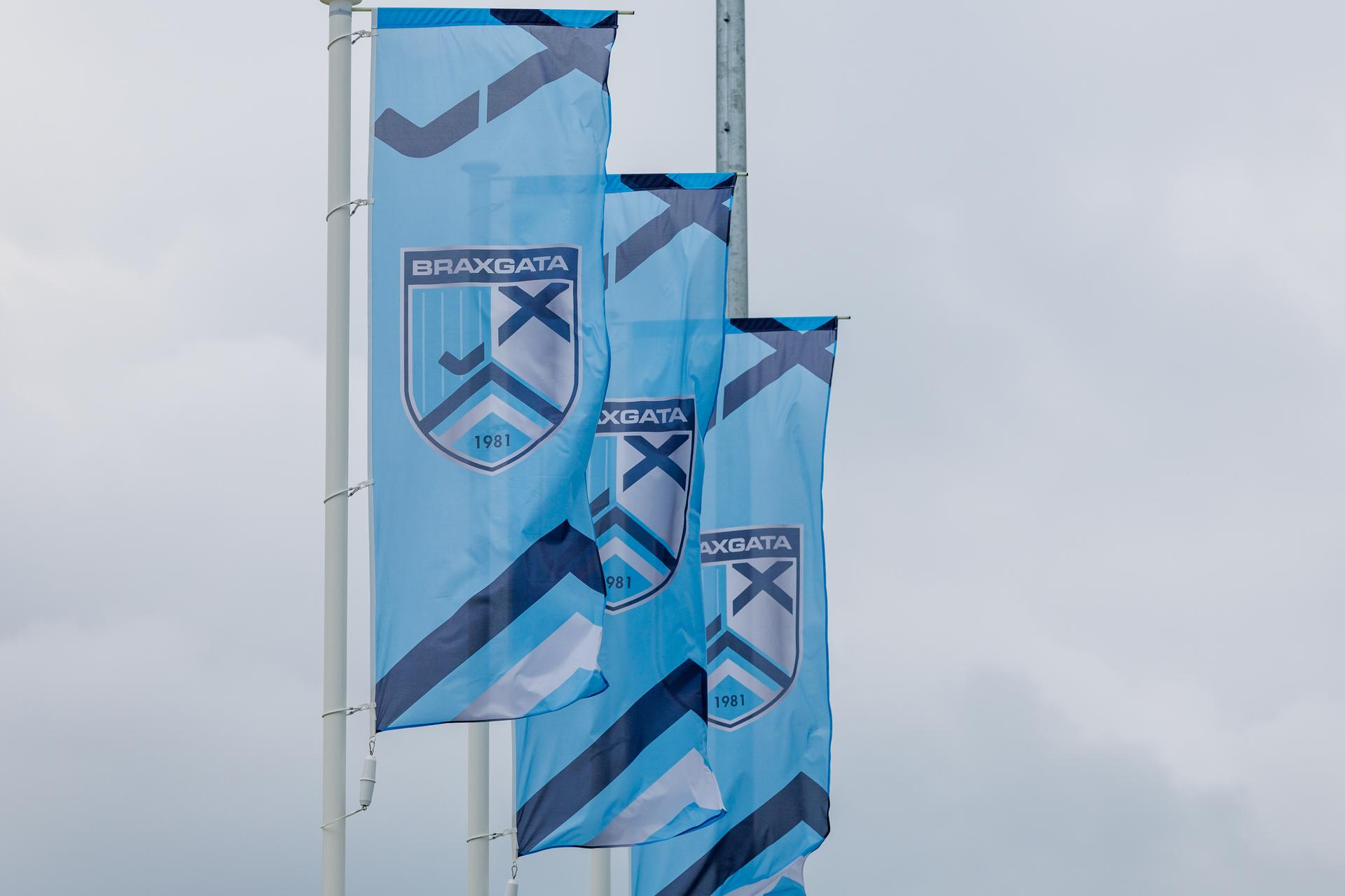Braxgata logos pictured on a flag, at a hockey game between Braxgata and Waterloo Ducks, Sunday 13 April 2025 in Boom, on day 18 of the Belgian first division hockey championship. BELGA PHOTO HATIM KAGHAT