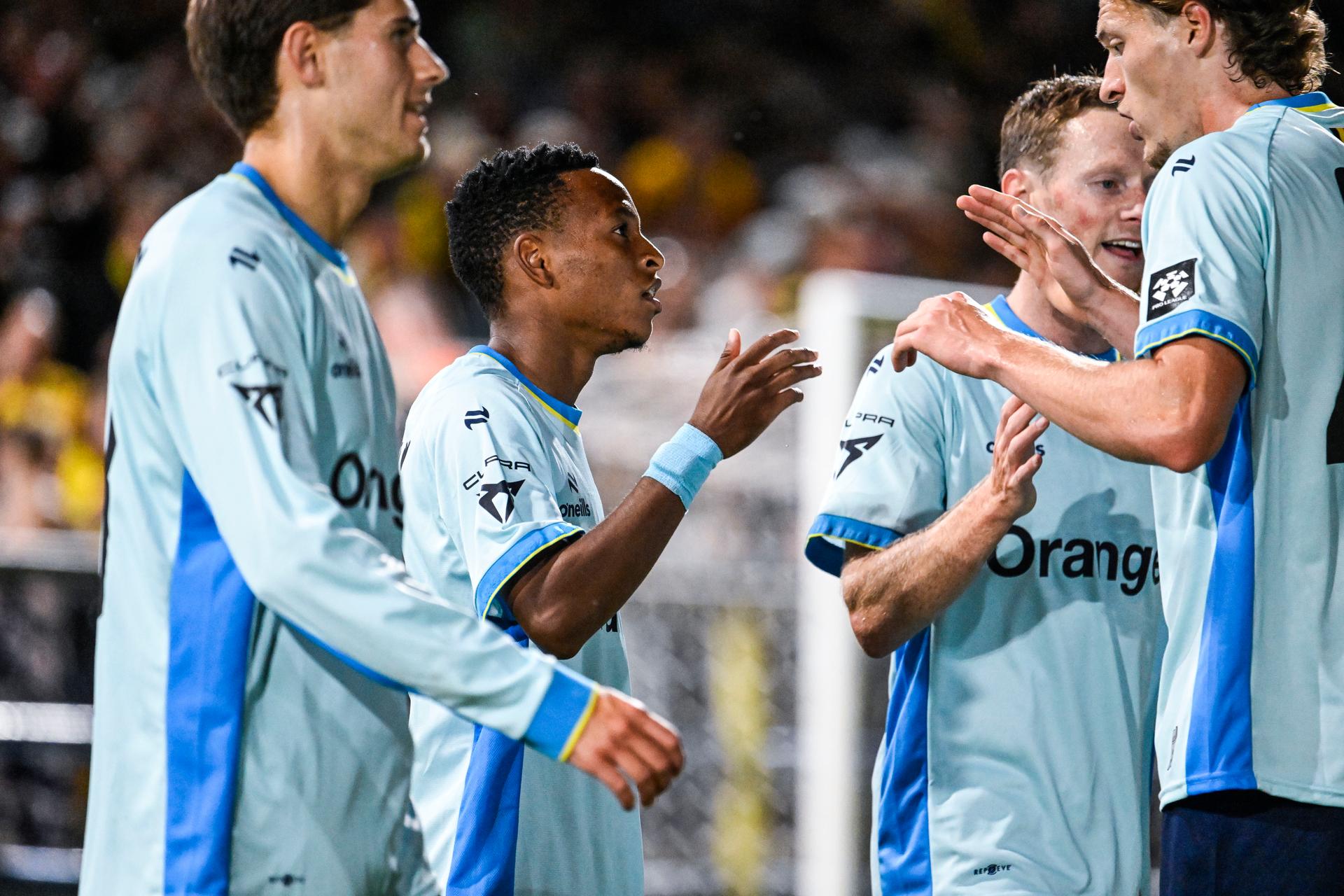 Union's Relebohile Mofokeng celebrates after scoring during a soccer match between KVC Westerlo and Royale Union Saint-Gilloise, Saturday 8 August 2026 in Westerlo, on day 1 of the 2026-2027 'Jupiler Pro League' first division of the Belgian championship. BELGA PHOTO TOM GOYVAERT