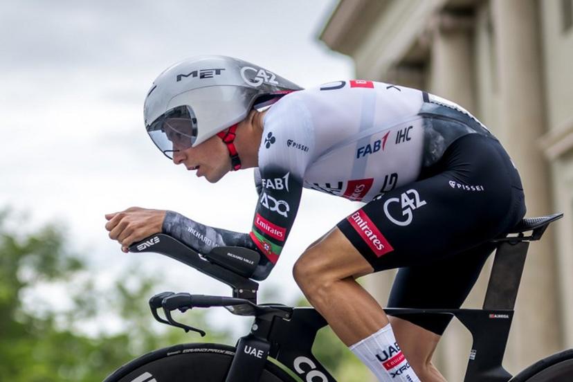 Portugal's Joao Pedro Almeida rides during the fifth stage of the Tour of Romandie UCI cycling World tour, 17.1 km loop from the start to the finish in Geneva on May 4, 2025.   Fabrice COFFRINI / AFP