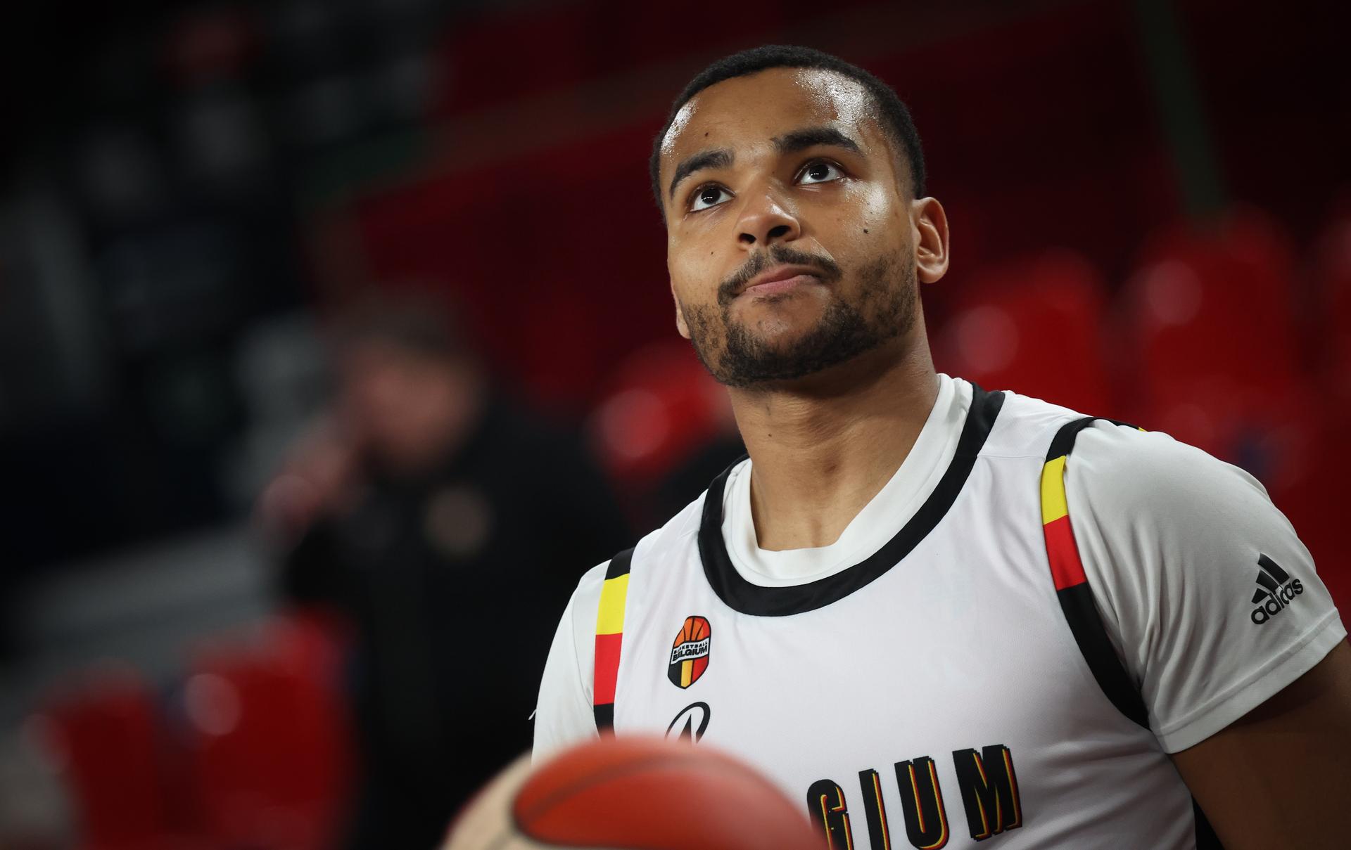 Belgium's Stephan Swenson Dibongue pictured in action during a training session of the Belgian Lions Belgian national team, preparing for the qualifying matches against Finland for the 2027 World Cup, Tuesday 24 February 2026 in Charleroi. BELGA PHOTO VIRGINIE LEFOUR