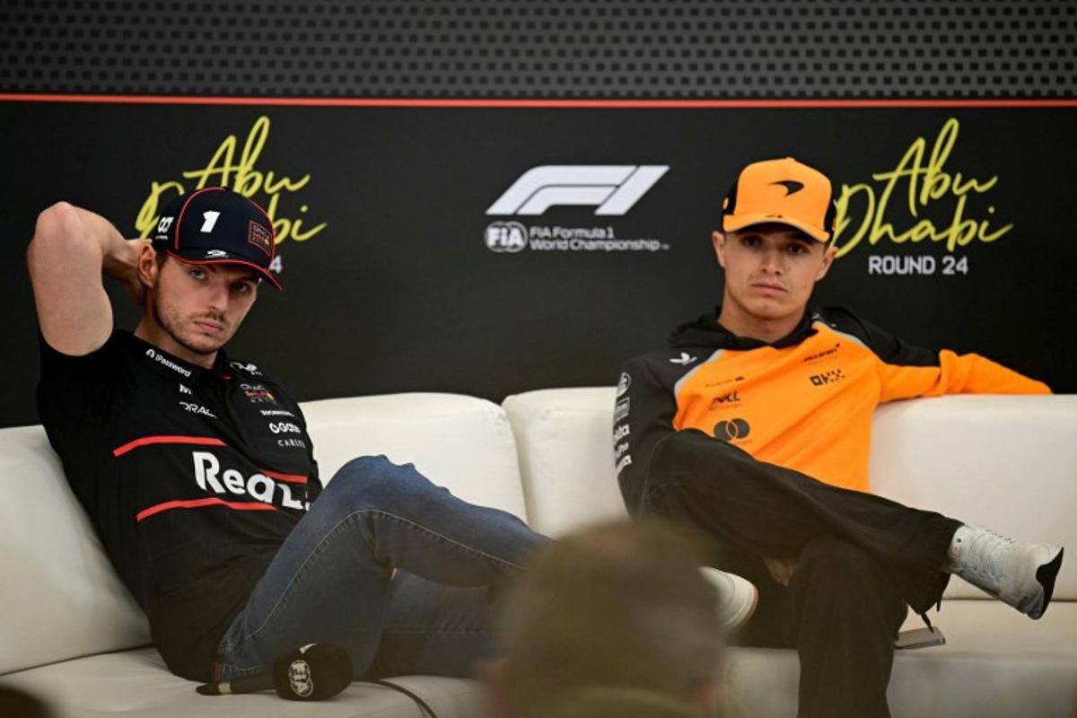 Red Bull Racing's Dutch driver Max Verstappen (L) and McLaren's British driver Lando Norris attend a press conference ahead of the Abu Dhabi Formula One Grand Prix at the Yas Marina Circuit in Abu Dhabi on December 4, 2025.  Giuseppe CACACE / AFP