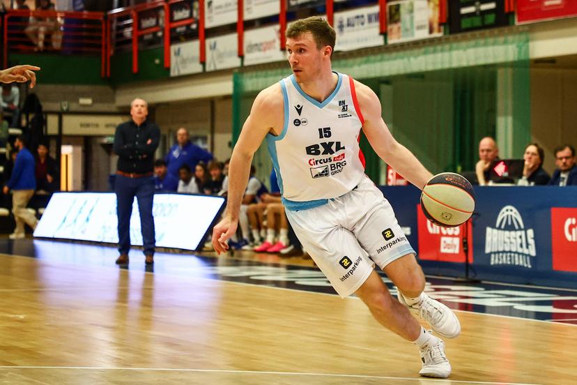 Brussels' Tucker Richardson pictured in action during a basketball match between Brussels Basketball and Kangoeroes Mechelen, Friday 28 March 2025 in Brussels, on day 29 of the 'BNXT League' first division basket championship. BELGA PHOTO DAVID PINTENS