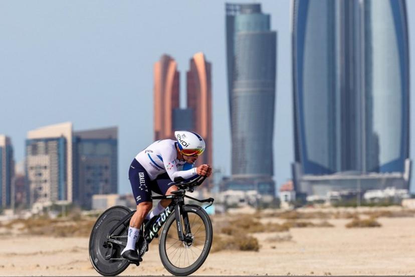 Israel-Premier Tech's Israeli cyclist Oded Kogut rides during the second stage of the 6th UAE Cycling Tour from al-Hudayriyat Island to al-Hudayriyat Island on February 20, 2024.  Giuseppe CACACE / AFP