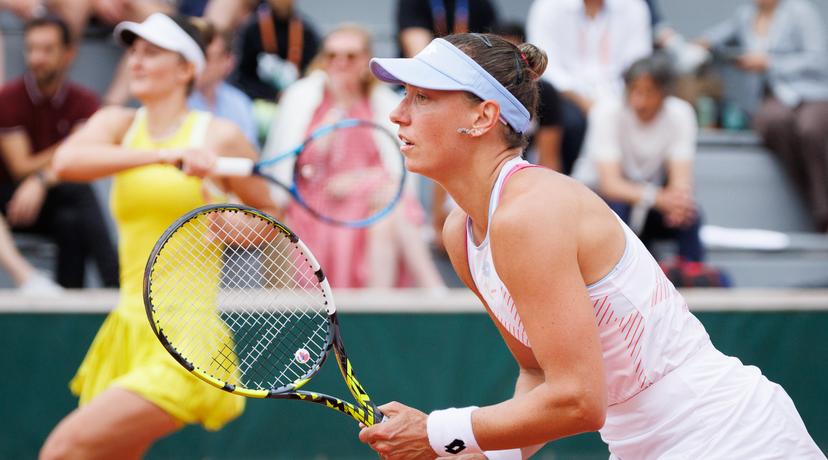 Romanian Irina-Camelia Begu and Belgian Yanina Wickmayer pictured in action during a doubles tennis match against US-Russian pair Melichar-Martinez - Samsonova, in the second round of the women's doubles at the Roland Garros Grand Slam tennis tournament, Saturday 31 May 2025 in Paris, France. The 2025 edition of Roland Garros takes place from May 24th to June 8th 2025. BELGA PHOTO BENOIT DOPPAGNE