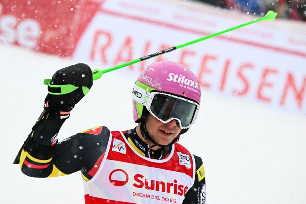 Belgium's Sam Maes reacts as he crosses the finish line in the second run of the Men's Giant Slalom, part of the FIS Alpine Ski World Cup 2025-2026 in Adelboden, soutwestern Switzerland on January 10, 2026.  Fabrice COFFRINI / AFP