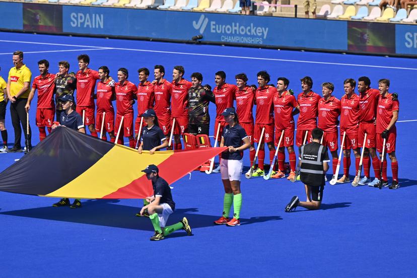 The Red Lions are pictured before a hockey game between Spain and the Belgian national team Red Lions, match 3/3 in the pool stage of the 2025 men's European championships, Tuesday 12 August 2025 in Monchengladbach, Germany.  BELGA PHOTO ERIC LALMAND