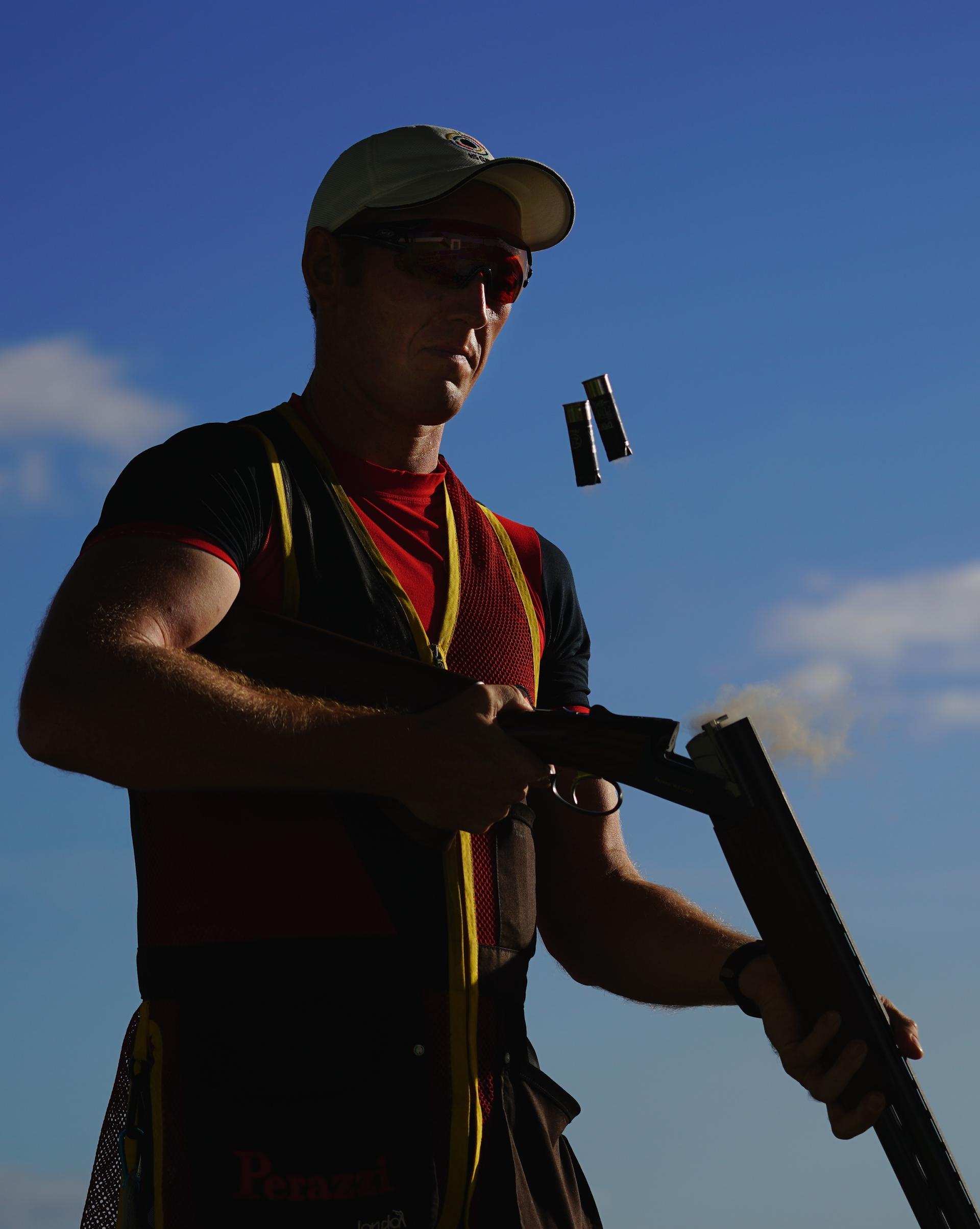 Belgian clay shooting athlete Yannick Peeters pictured in action during the BOIC-COIB Belgian Olympic Committee sports camp, Tuesday 14 November 2017, in Lanzarote, Spain. BELGA PHOTO ERIC LALMAND