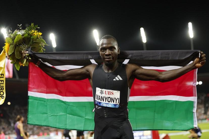 Winner Kenya's Emmanuel Wanyonyi celebrates after competing in the men's 800m during the IAAF Diamond League athletics meeting, at the Letzigrund Stadium, in Zurich on August 27, 2026.  Stefan Wermuth / AFP