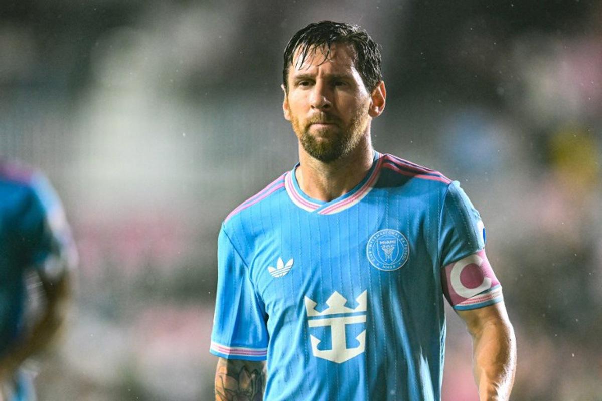 Inter Miami's Argentine forward #10 Lionel Messi reacts after his team's first goal during the Major League Soccer (MLS) regular season football match between Inter Miami CF and New England Revolution at Chase Stadium in Fort Lauderdale, Florida, on October 4, 2025.  CHANDAN KHANNA / AFP
