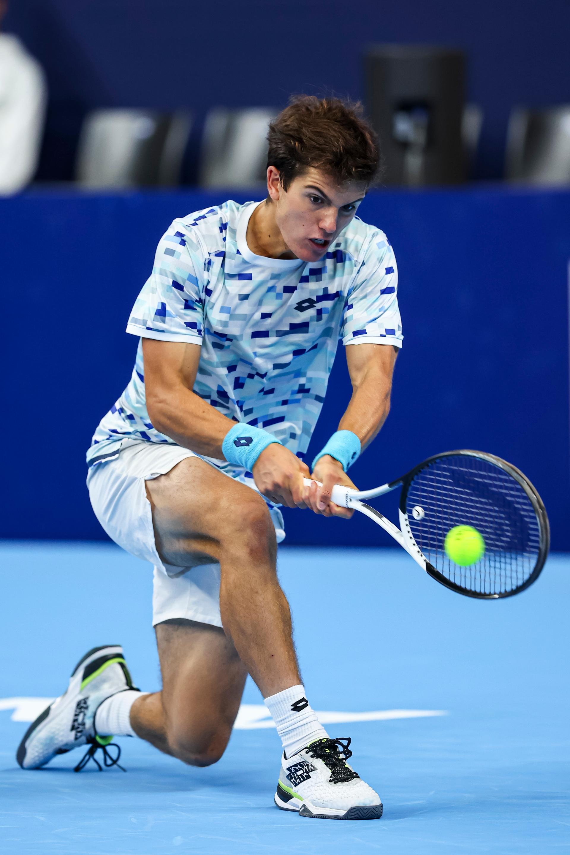 Belgian Gilles-Arnaud Bailly pictured in action during the qualifying phase of the European Open Tennis ATP tournament, in Antwerp, Sunday 13 October 2024. BELGA PHOTO DAVID PINTENS
