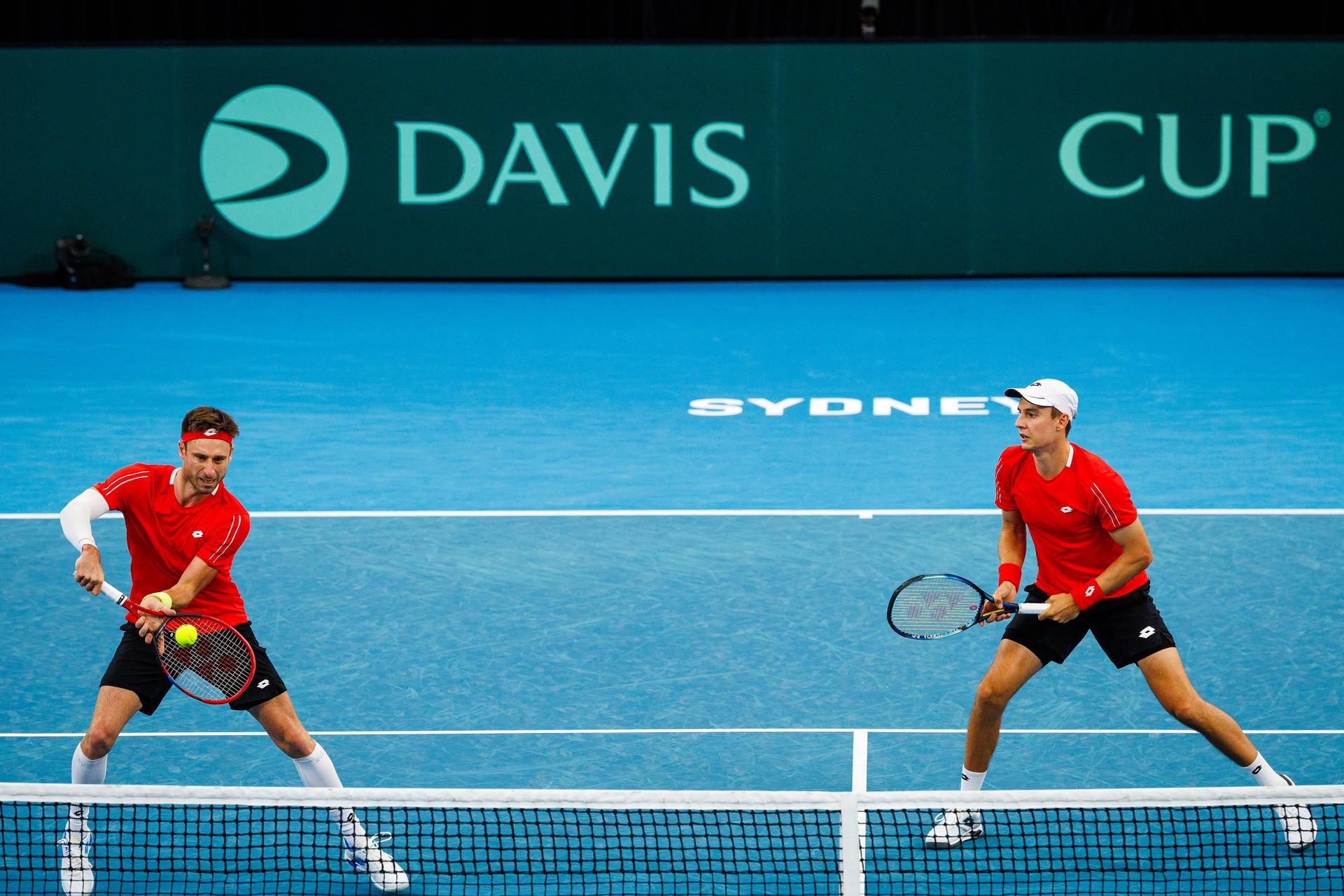 Belgian Sander Gille and Belgian Joran Vliegen pictured duringa a tennis match between Belgian Vliegen/Gille and Australian Hijikata/Thompson, during the qualifier of the Davis Cup, Sunday 14 September 2025, in Sydney, Australia. Belgium and Australia will compete this weekend in the second round of the Davis Cup qualifiers. BELGA PHOTO PATRICK HAMILTON