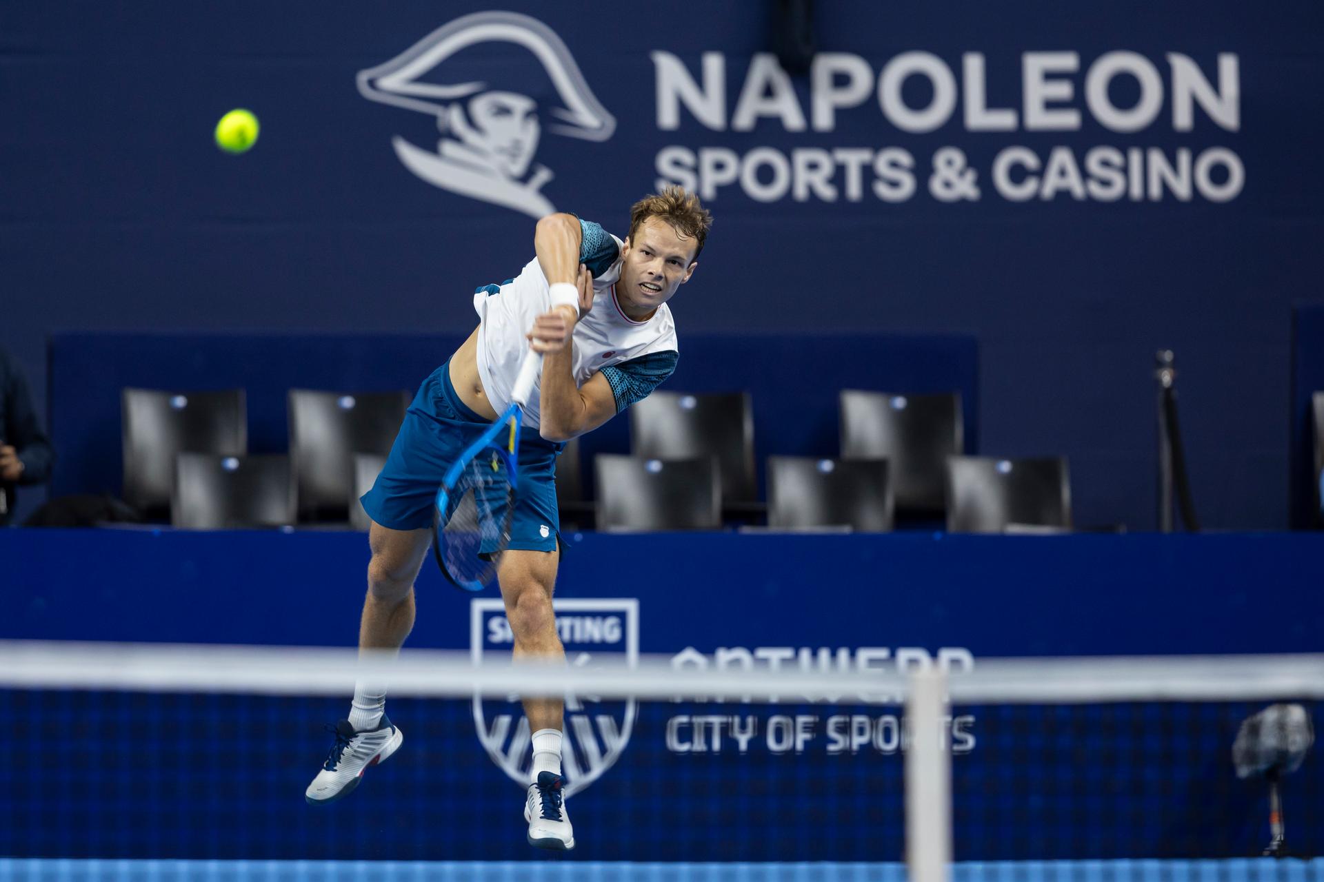 Belgian Michael Geerts pictured in action during the qualifying phase of the European Open Tennis ATP tournament, in Antwerp, Sunday 13 October 2024. BELGA PHOTO DAVID PINTENS