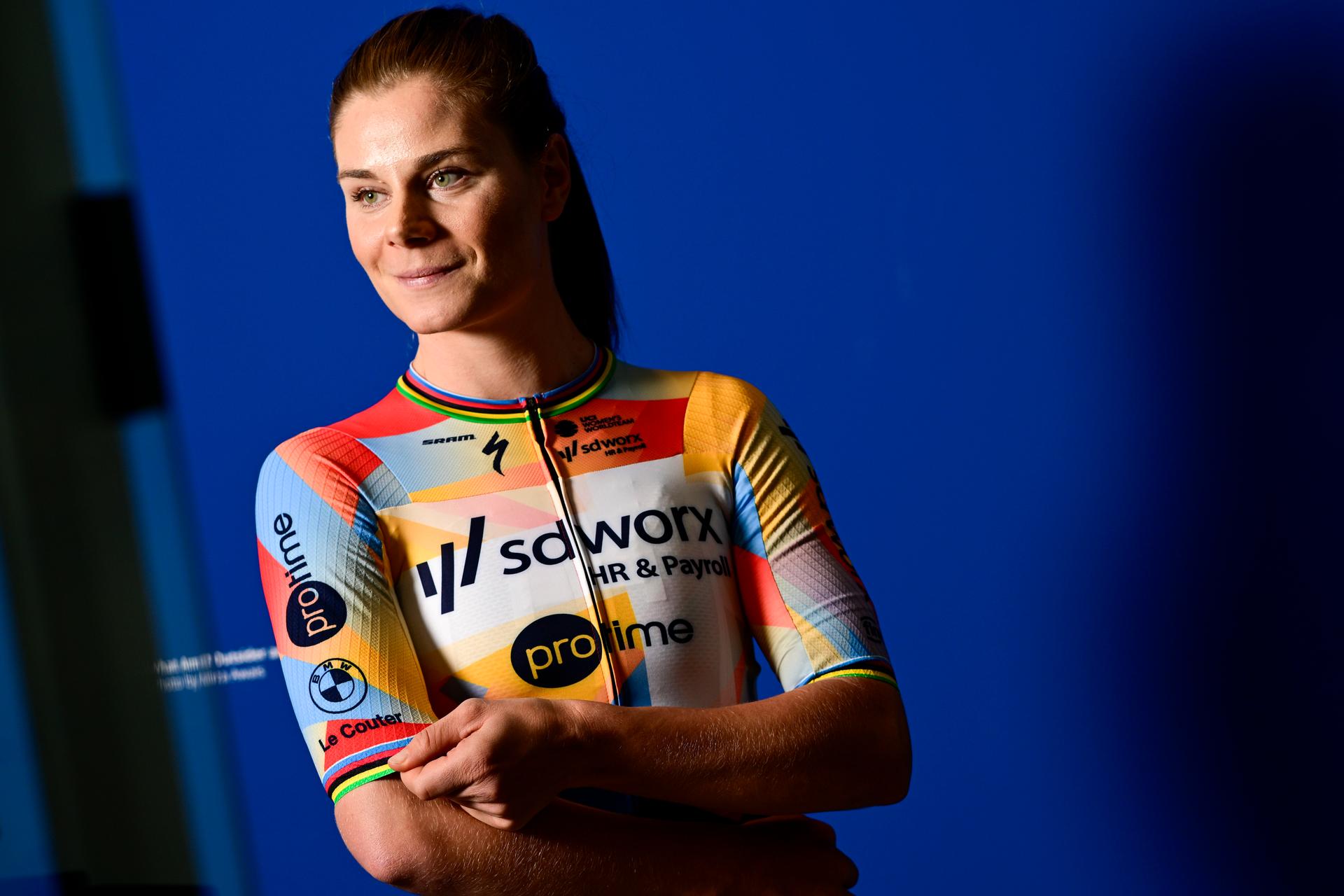 Belgian Lotte Kopecky poses for the photographer at the team presentation of the Team SD Worx-Protime cycling team, at the photography museum (FOMU), in Antwerp, Thursday 08 January 2026. BELGA PHOTO DIRK WAEM