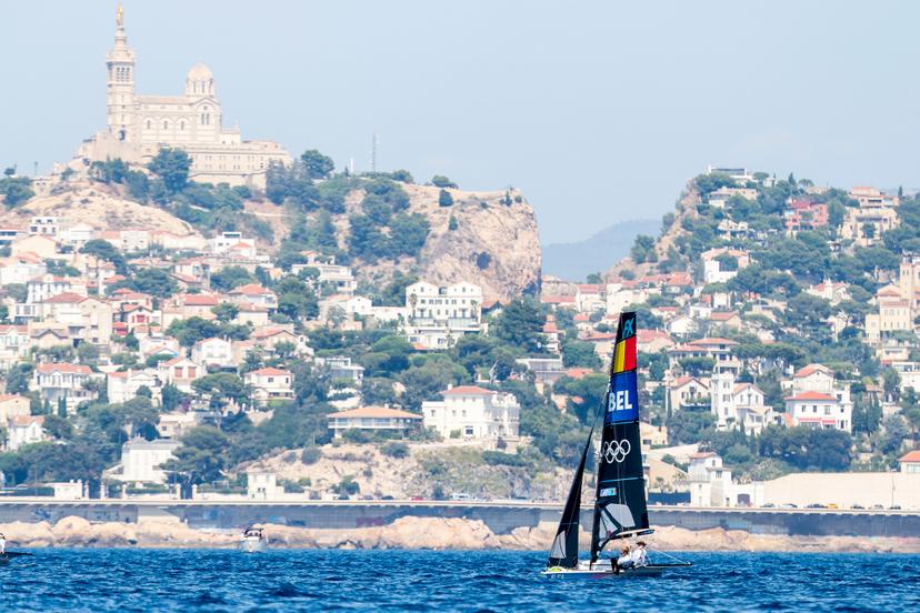 Isaura MAENHAUT and Anouk GEURTS of Belgium competes on Women's Skiff 49er during the Paris Olympic Games 2024 - Day 2 at Marina Marseille on July 29, 2024 in Marseille, France. (Photo by Johnny Fidelin/Icon Sport)