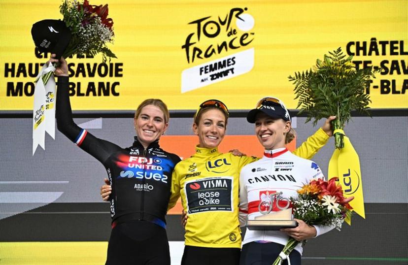 Second-placed FDJ-SUEZ team's Dutch rider Demi Vollering, winner Team Visma | Lease a Bike's French rider Pauline Ferrand-Prevot and third-placed Canyon//SRAM Racing team's Polish rider Katarzyna Niewiadoma celebrate on the podium for the fourth edition of the Women's Tour de France cycling race at the end of the 9th and final stage (out of 9) 124.1 km from Praz-sur-Arly to Chatel, in Chatel, eastern France on August 3, 2025.  JULIEN DE ROSA / AFP